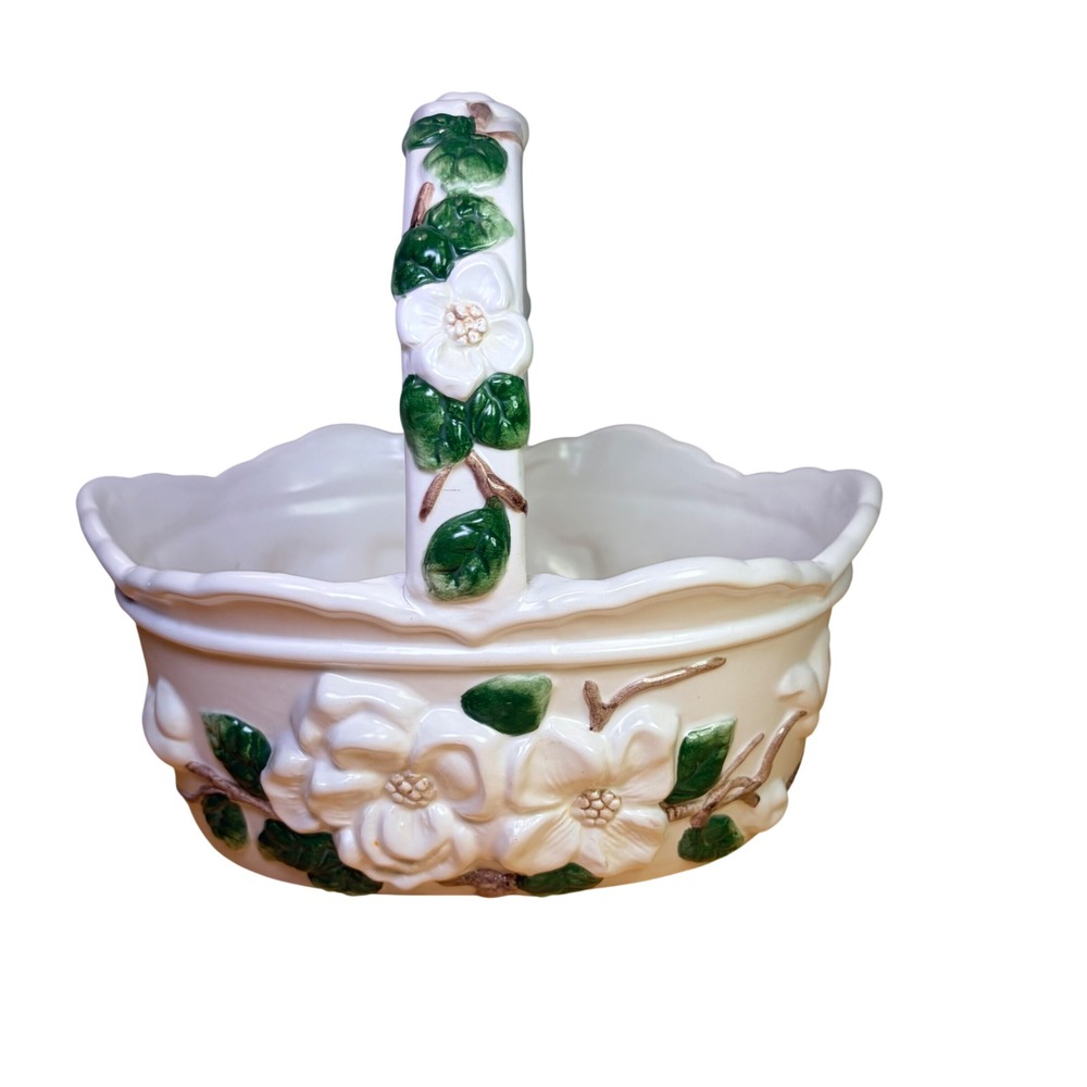Napco Ceramic Magnolia Flower Basket Planter Vase White Green Rare Retro Vintage